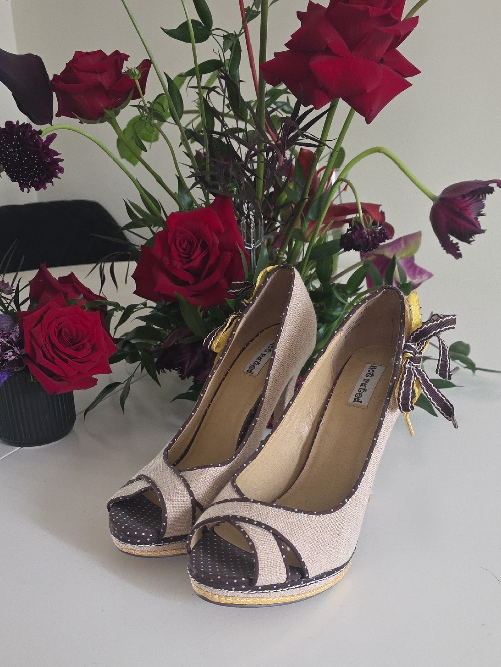 5/25$ Not Rated Beige Peep-Toe Heels with Brown Polka-Dot Trim